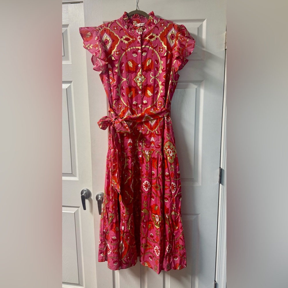 Jude Connally Mirabella Cotton Pink and Gold Maxi Dress XL New With Tags